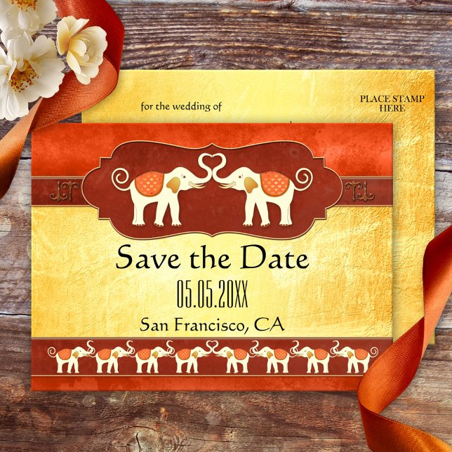 Cartes de sauvegarde de date d'éléphants en ivoire (Save the Date postcard featuring two happy elephants. Great for a zoo, safari or Asian wedding)