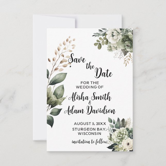 Cartes de sauvegarde de date Floral Sage Vert & Bl (Devant)