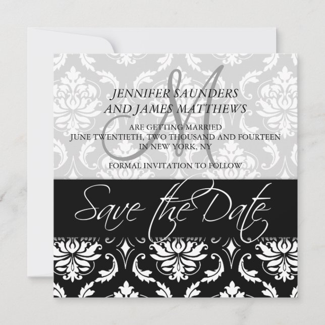 Cartes de sauvegarde de la date Damassé noir Monog (Devant)
