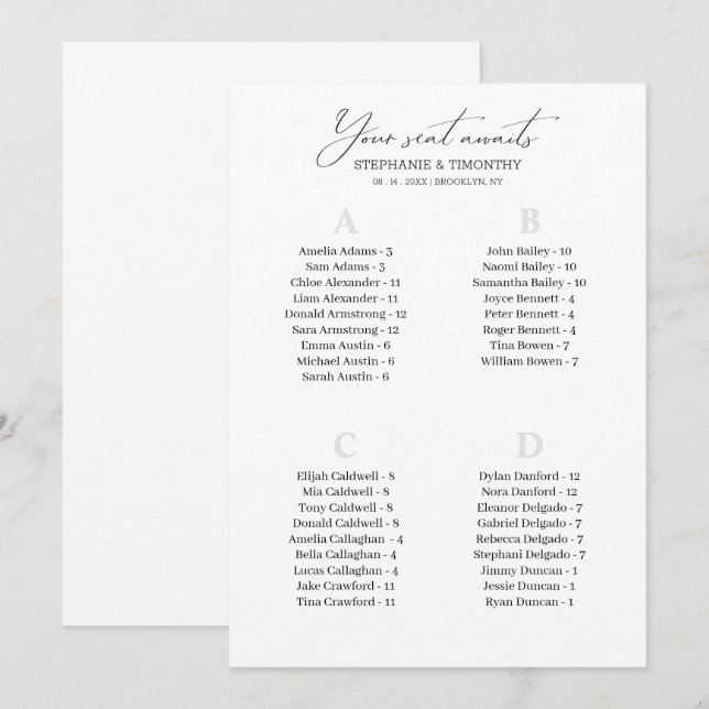 Cartes de siège Mariage Alphabétique Moderne (Devant / Derrière)
