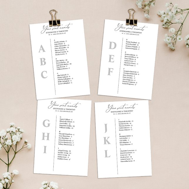 Cartes de siège Mariage Alphabétique Moderne (Convenient and organized wedding seating chart with alphabetical name arrangement.)