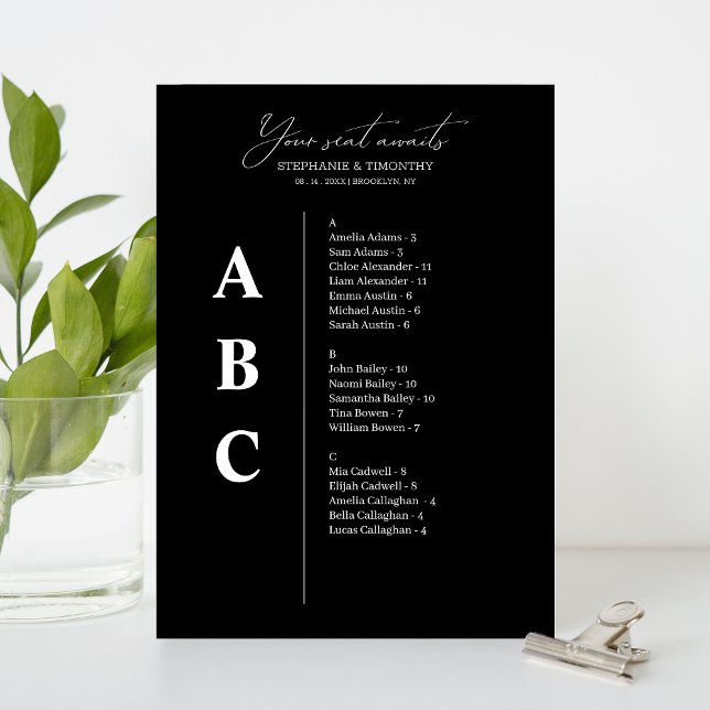 Cartes de siège Mariage Alphabétique Moderne (Convenient and organized wedding seating chart with alphabetical name arrangement.)