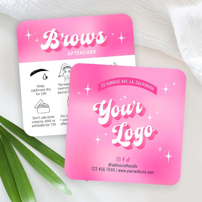Cartes de soins pour les Brows Super à la mode ros (Trendy brows care cards with icons, featuring girly pink design, care icons & retro fonts)