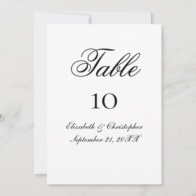 Cartes de table de Mariage de script noir blanc (Devant)