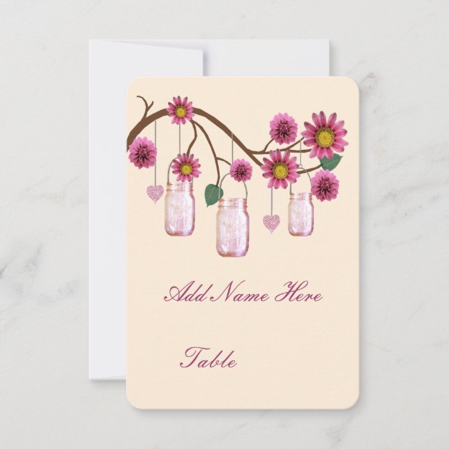 Cartes de table en pots Mason de fleurs roses (Devant)