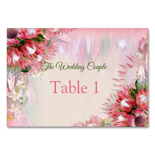 Cartes de table - Protéa fuchsia - Rose et or (Devant)