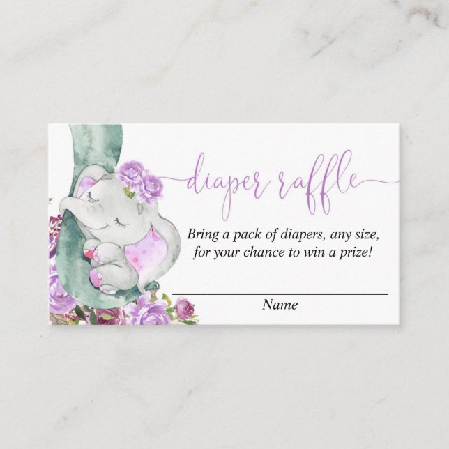 Cartes de tombola à baby shower d'éléphant violet (Devant)