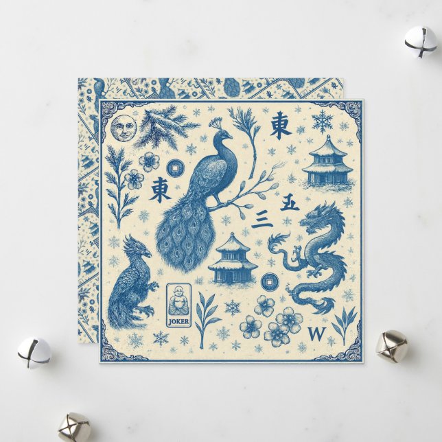 Cartes de vacances - Toile Mahjong - Plat recto-ve (Devant/Arrière en situation)