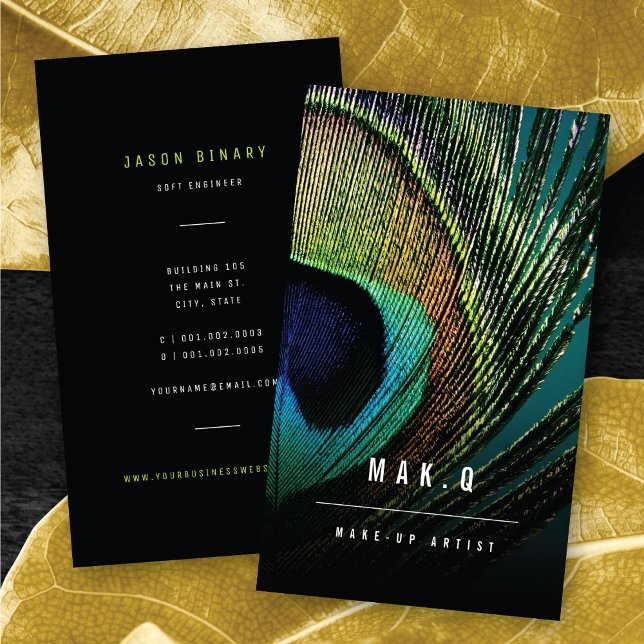 Cartes de visite de maquilleur professionnel avec  (Stylish Chic Peacock Feather Photo Elegant Make-up Artist Business Card @ zazzle.com/color_therapy)