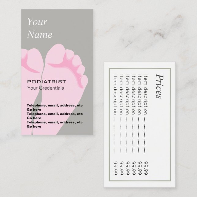 Cartes de visite des prix de podiatre de pédicure (Devant / Derrière)
