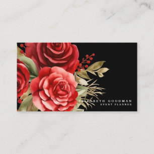 Cartes de visite noires avec roses rouges classiqu