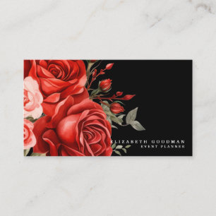 Cartes de visite noires avec roses rouges classiqu