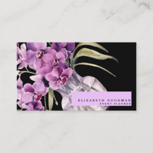 Cartes de visite noires classiques avec orchidées