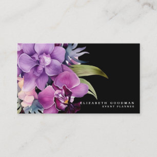 Cartes de visite noires classiques avec orchidées