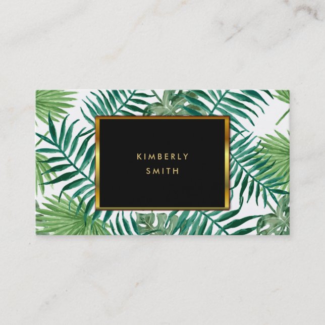 Cartes de visite noirs d'or de feuille tropical (Devant)