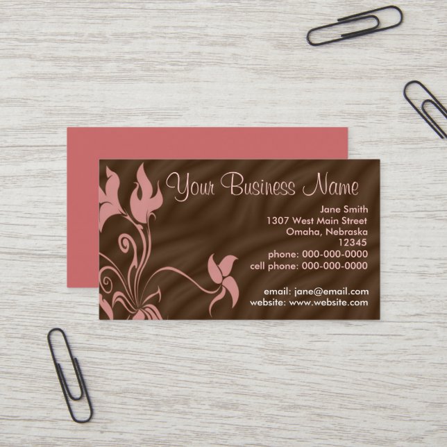 Cartes de visite personnalisés, rose féminin/brun (Devant/Arrière en situation)