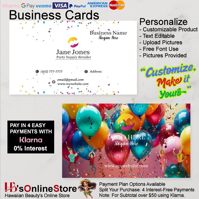 Cartes de visite pour détaillant de fournitures po (Party Supply Retailer Business Cards 19.)