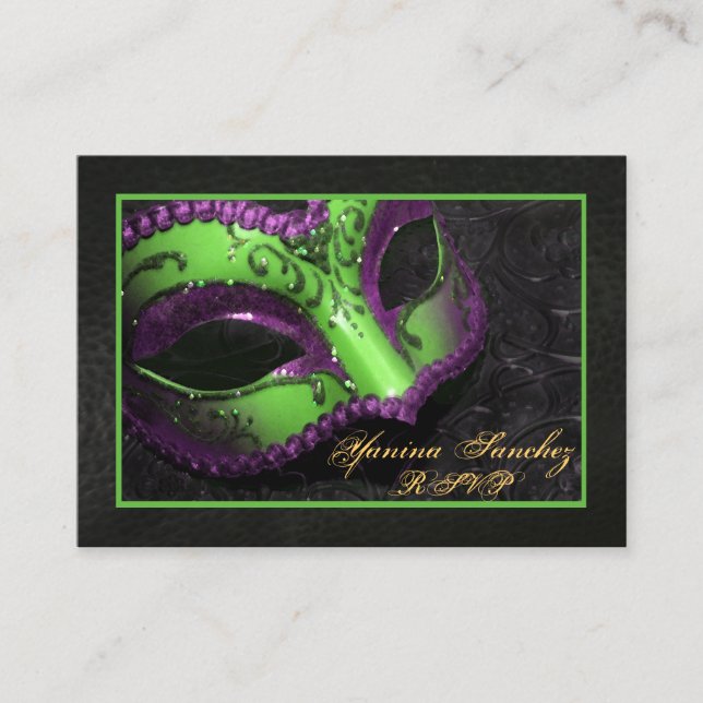 Cartes de visite RSVP Masquerade verte (Devant)