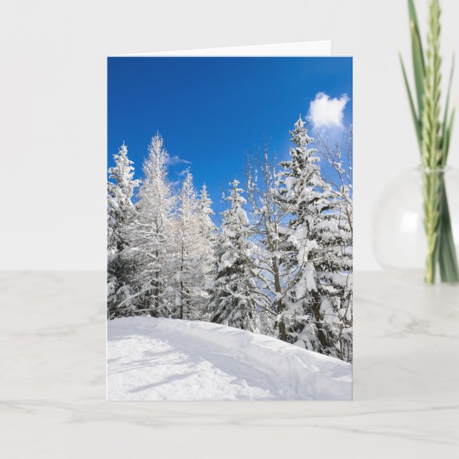 Cartes de vœux avec des arbres enneigés sous un ci (Devant)