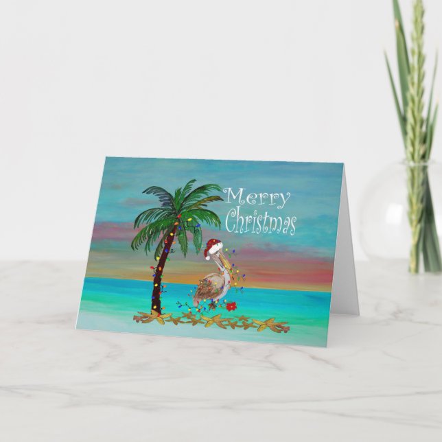 Cartes de vœux de Noël pélican palmier de vacances (Devant)