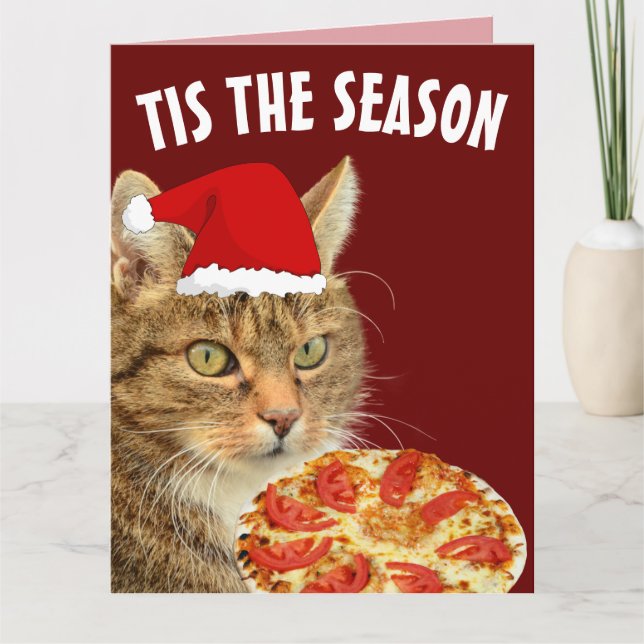 CARTES DE VŒUX DE NOËL PIZZA CHAT TIGRÉ (Devant)