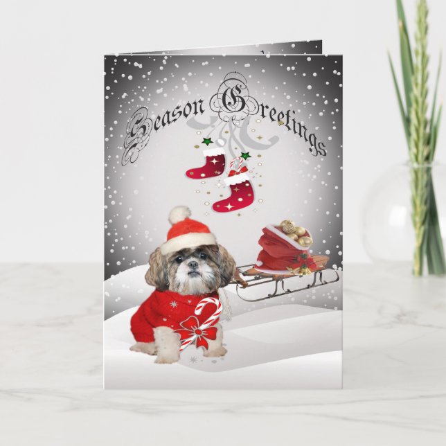 Cartes de voeux de scène de neige de Shih Tzu Père (Devant)