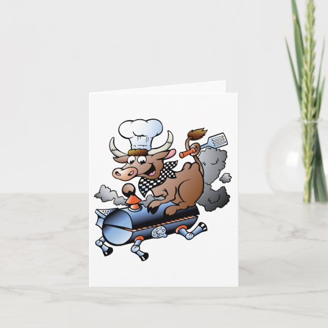 Cartes de vœux de vache chevauchant un BBQ (Devant)