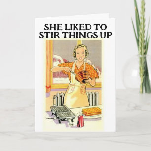 CARTES DE VOEUX FUN BLANC FEMME AU FOYER RÉTRO