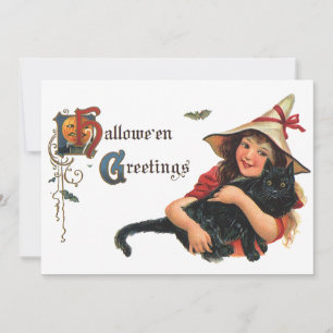 Cartes de vœux Halloween vintage, enfant sorcière 
