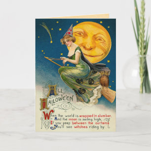 Cartes d'Halloween sorcière vintage, Voler sur sa 