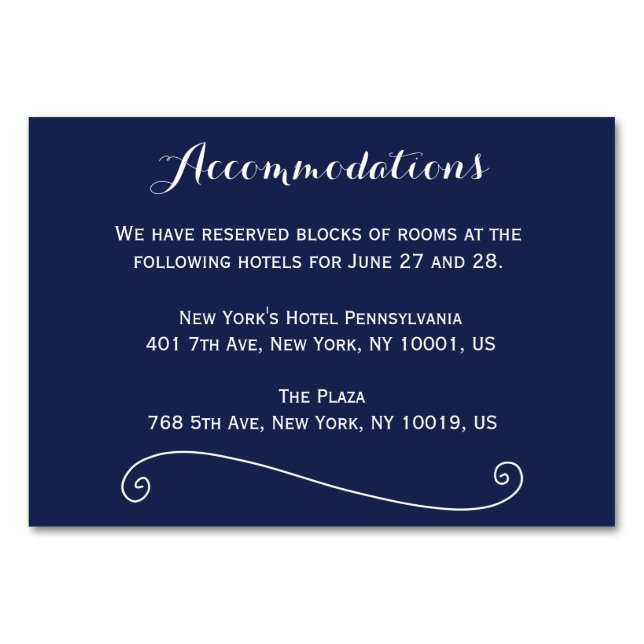 Cartes d'hébergement Mariage bleu marine (Devant)