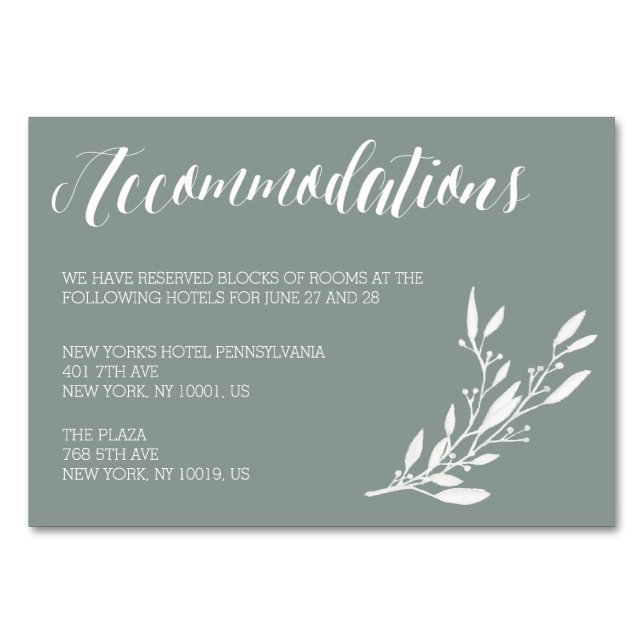 Cartes d'hébergement Mariage Sage Elégant (Devant)
