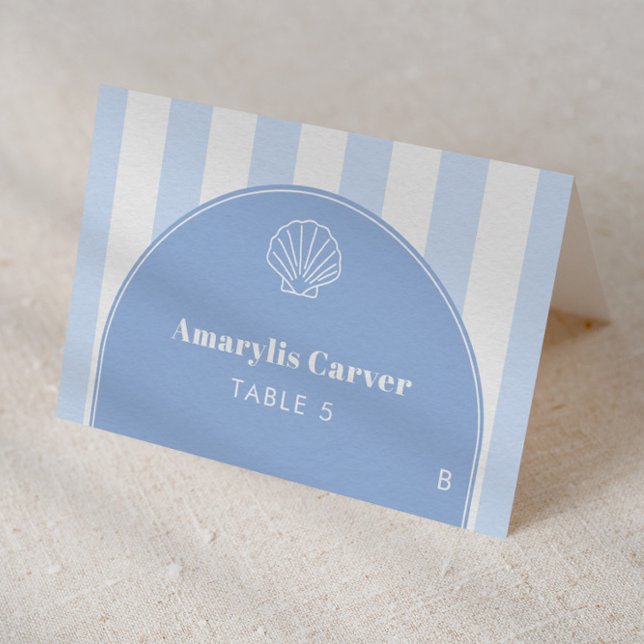 Cartes d'identification individuelles pour mariage (Coastal inspired blue and white individual place card design)