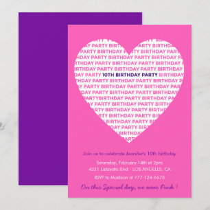 Cartes d'invitation 10ème anniversaire Cœur Rose M
