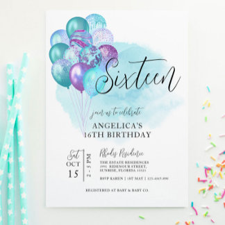 Cartes d'invitation 16 ans avec ballons sarcelle e