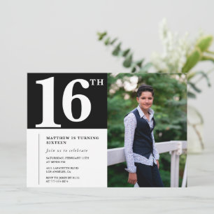 Cartes d'invitation 16 ans noires Moderne Chic Pho