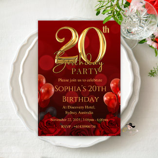 CARTES D'INVITATION 20 ANS ÉLÉGANTE ROUGE FILLE
