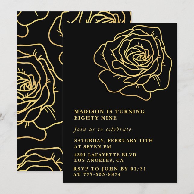 Cartes d'invitation 89e anniversaire Black Gold Ro (Devant / Derrière)