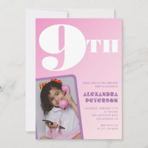 Cartes d'invitation 9 ans Rose Fille Photo Rétro