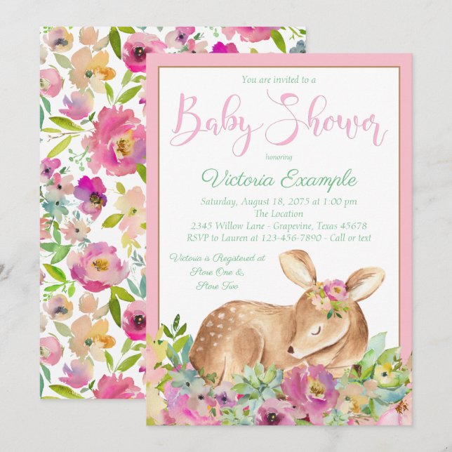 Cartes d'invitation à la baby shower Fille Cerf (Devant / Derrière)