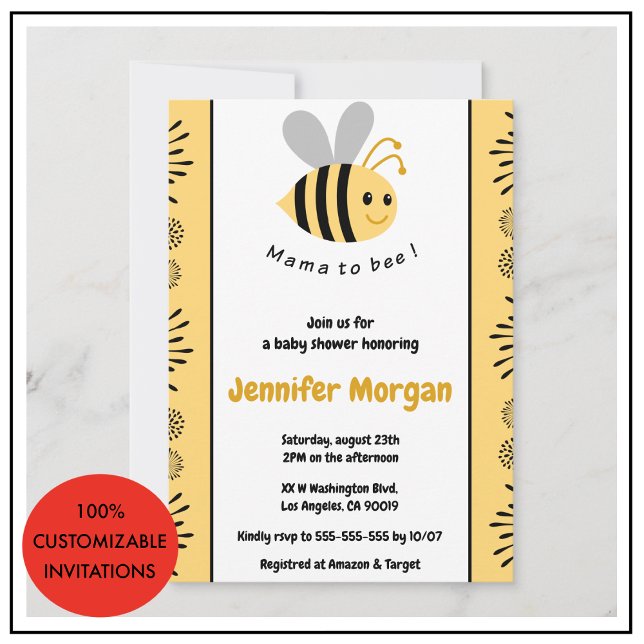 Cartes d'invitation à une baby shower Abeille mama (Créateur téléchargé)