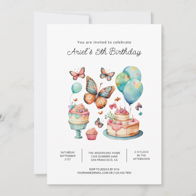 Cartes d'invitation anniversaire papillon imprimab (Devant)