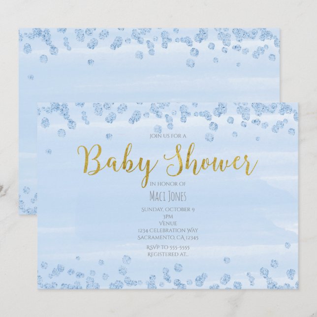 Cartes d'invitation Baby Shower Bleu clair et Or (Devant / Derrière)