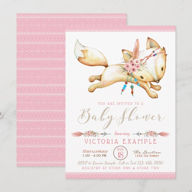 Cartes d'invitation Baby Shower Bohème Fille Renar (Devant / Derrière)