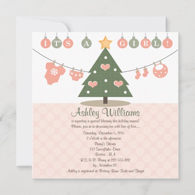 Cartes d'invitation Baby Shower pour un Noël rose (Devant)
