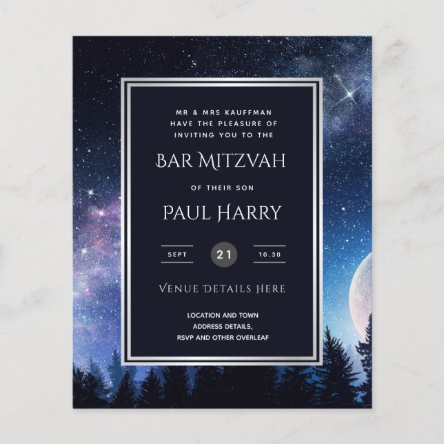Cartes d'invitation Bar Mitzvah Bleu Nuit Étoilée (Devant)