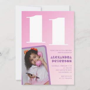 Cartes d'invitation d'anniversaire 11 ans Rose Fil