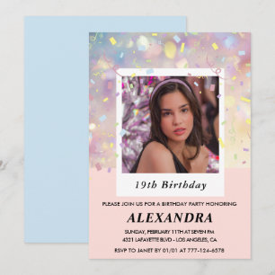 Cartes d'invitation d'anniversaire 19 ans rose Con