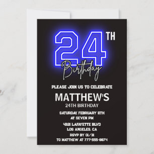 Cartes d'invitation d'anniversaire 24 ans Neon Bla