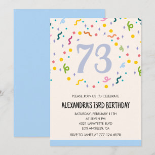 Cartes d'invitation d'anniversaire 73 ans confetti